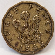 GREAT BRITAIN UK 1943 . THREEPENCE . VARIETY . SPOTS ON OBVERSE